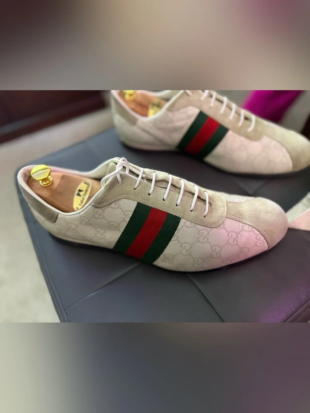 Gucci Men’s Off-White Leather Sneakers with Green and Red Web Stripe